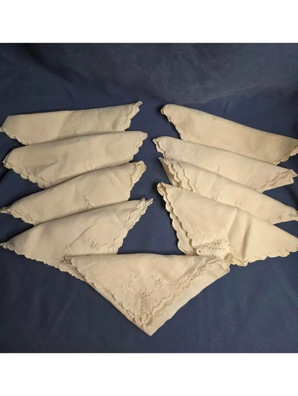 Vintage Set of 9 Embroidered White Linen Napkins with Floral Cutwork